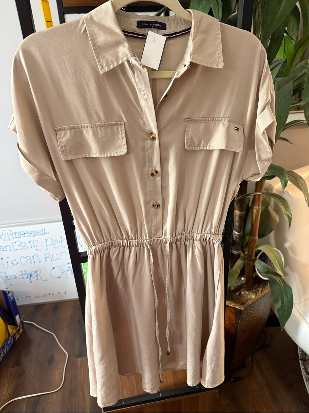 Tommy Hilfiger Beige Drawstring Shirt Mini Dress